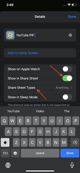 Turn-on-Show-in-Share-Sheet - gunakan mode picture-in-picture (PiP) youtube di iPhone