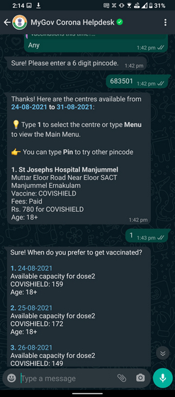 nhập mã pin và xác nhận ngày để Đặt Khe Tiêm chủng COVID-19 WhatsApp