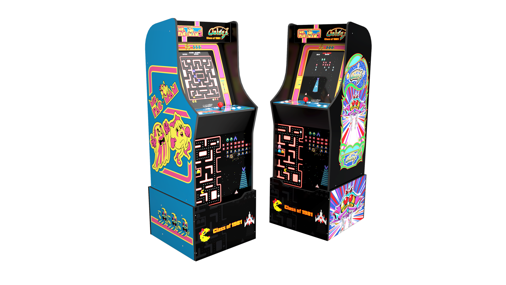 Sebuah mesin dengan 'Ms. Seni Pac-Man 'di sebelah kiri dan seni 'Galaga' di sebelah kanan