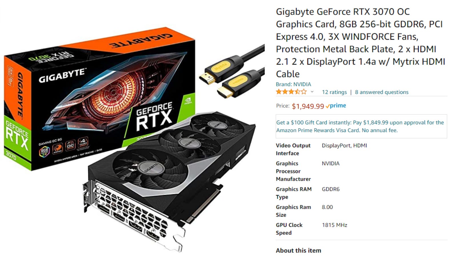 Gigabyte Geforce RTX 3070 Amazon danh sách