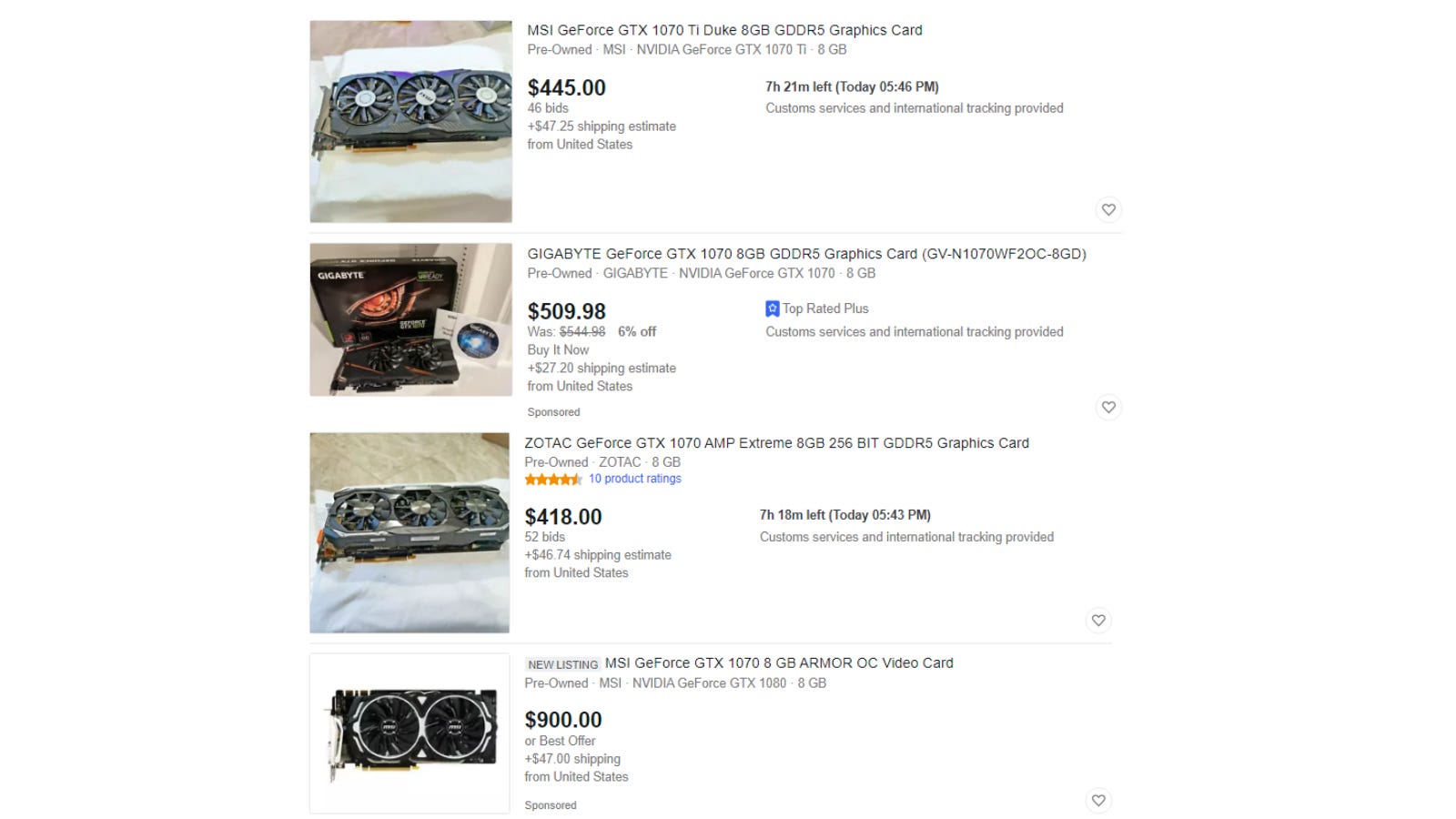 Nhiều danh sách eBay của GTX 1070 với giá cao hơn