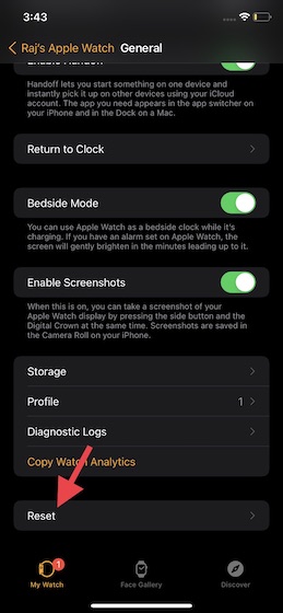 Nhấn vào Đặt lại trong Apple Watch ứng dụng