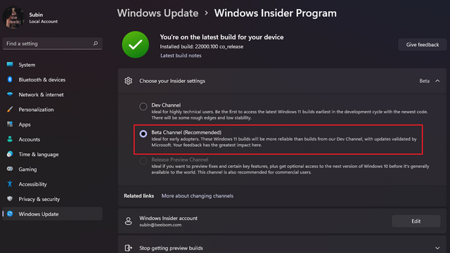 Mengubah Windows 11 saluran internal 