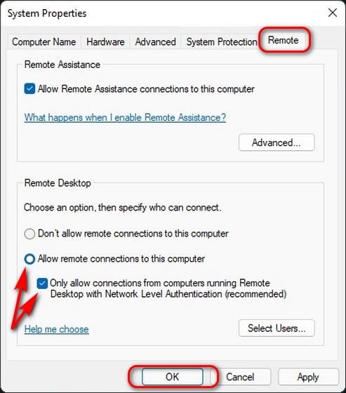 Aktivera fjärrskrivbord på Windows 11 via kontrollpanelen