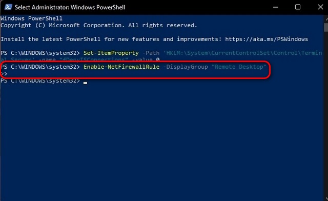 Aktivera fjärrskrivbord på Windows 11 via PowerShell