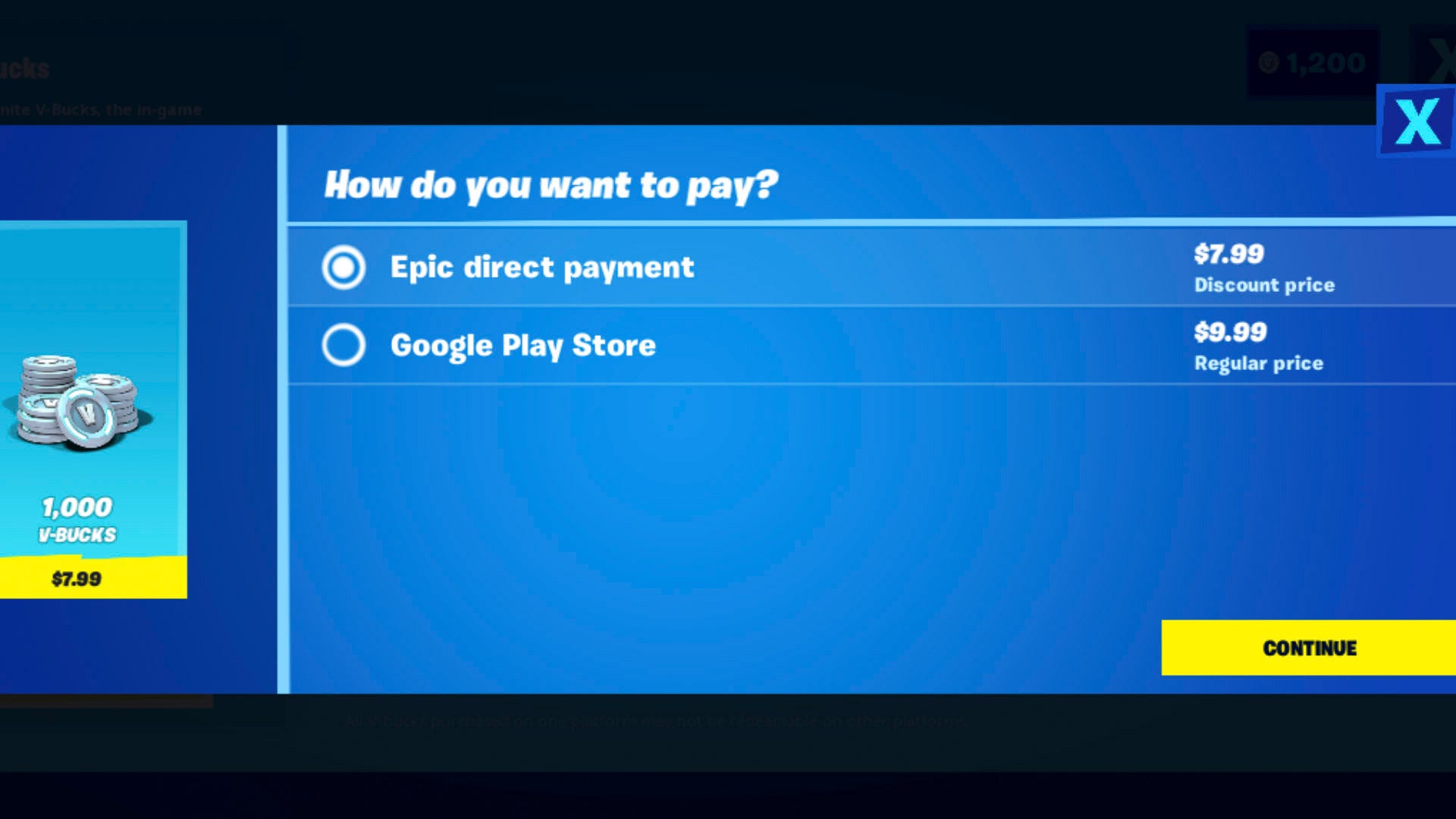 Itu Fortnite aplikasi dengan dua metode pembayaran dengan harga yang berbeda.
