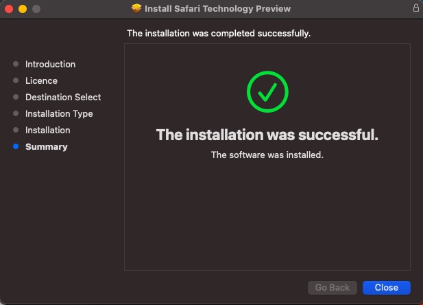 Installation av förhandsvisning av Safari-teknik lyckades - installera Safari Browser på macOS Big Sur