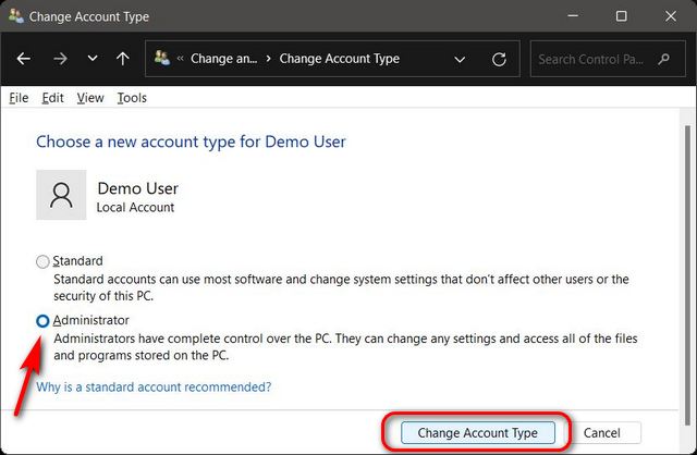 Thay đổi loại tài khoản từ Chuẩn thành Quản trị viên thông qua Bảng điều khiển trong Windows 11
