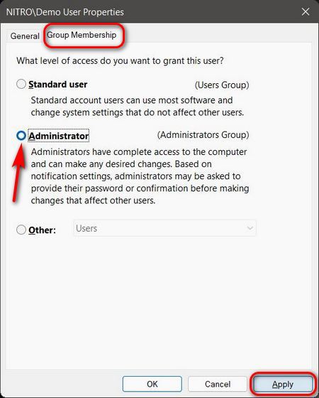 Ändra kontotypen från standard till administratör med hjälp av kontrollpanelen för användarkonton i Windows 11