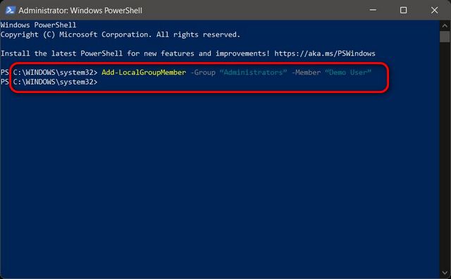 Ändra kontotyp från standard till administratör med PowerShell i Windows 11