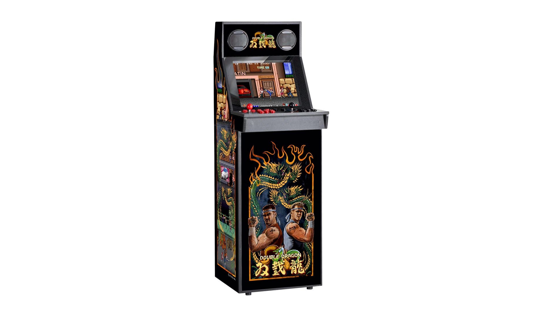 En videospelsmaskin med tema 'Double Dragon'.
