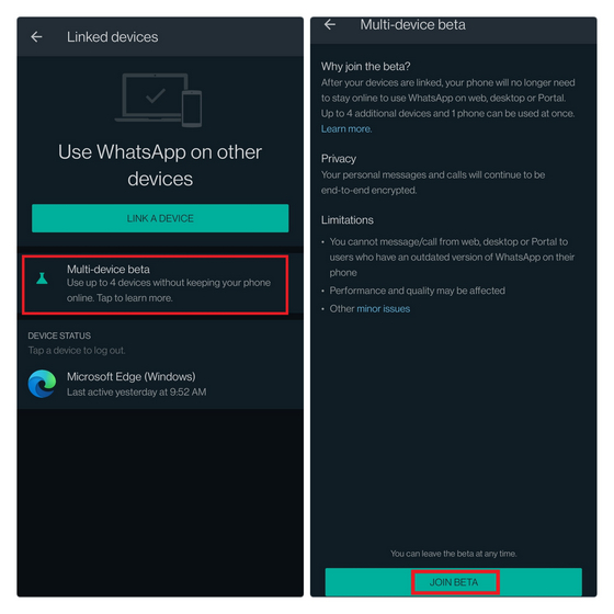 tham gia bản beta đa thiết bị whatsapp