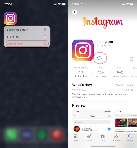 hapus dan instal ulang Instagram