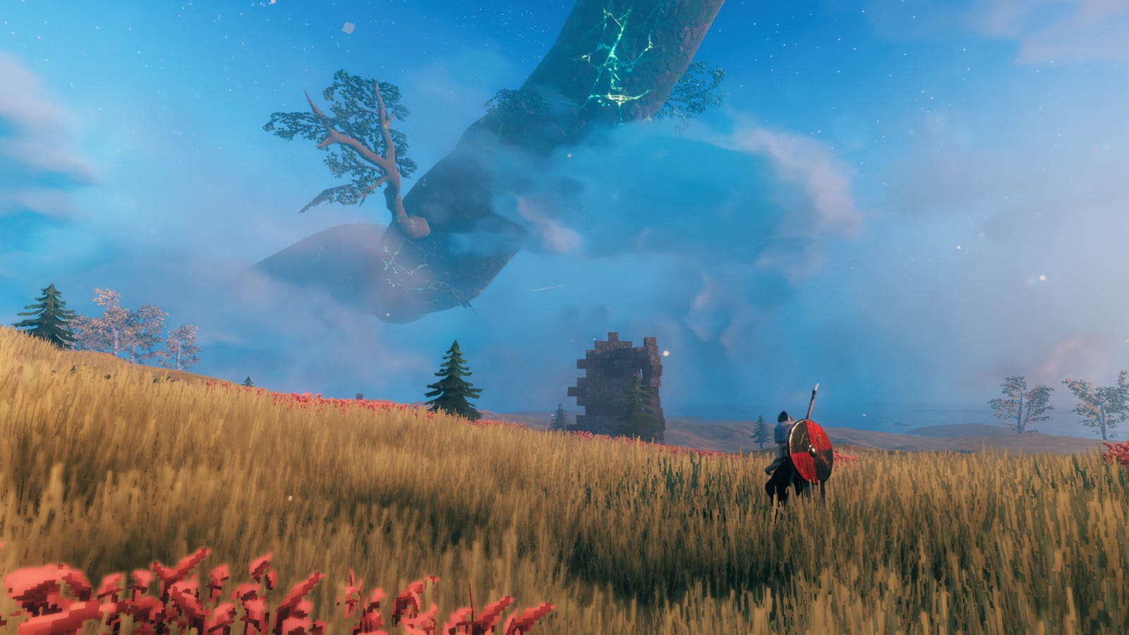 Một nhân vật người chơi đứng giữa cánh đồng ở 'Valheim'
