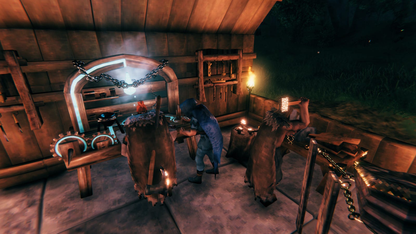 Tiga karakter pemain dalam item kerajinan 'Valheim' di stasiun kerajinan yang berbeda.