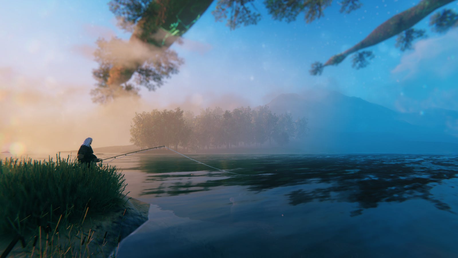 Karakter pemain memancing di danau di 'Valheim'
