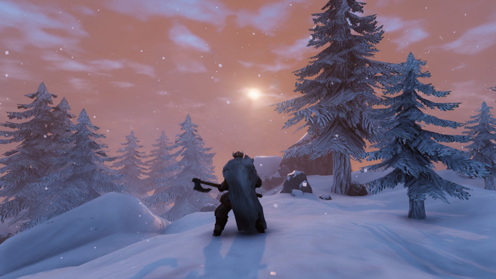 En spelarkaraktär som står mot solen på ett snöigt berg i 