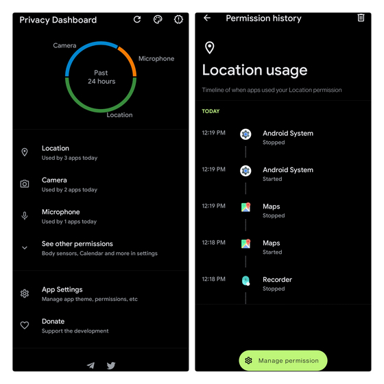 Bagan penggunaan lokasi Dasbor Privasi Android 12