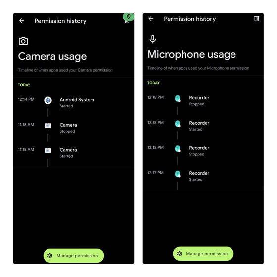 kamera- och mikrofondiagram Android 12. Privacy Dashboard