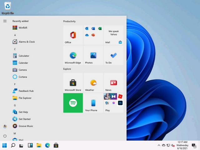 Windows 10 startmeny med vänster aktivitetsfält