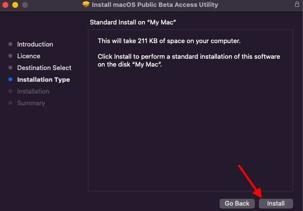 Klicka på Installera - Installera macOS Monterey Public Beta