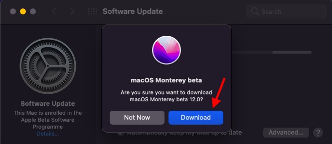 Klicka på Ladda ner - Installera macOS Monterey Public Beta