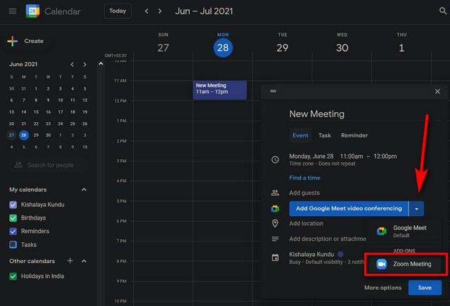 Skicka en Zoom-mötesinbjudan med Google kalender