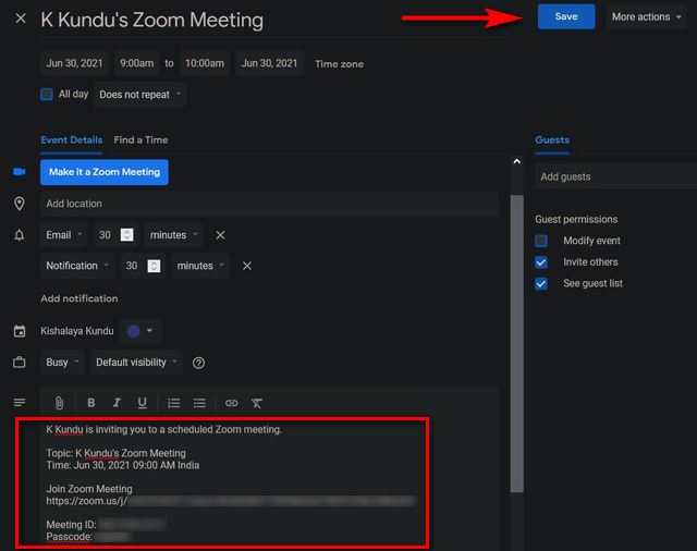 Kirim undangan rapat zoom dengan konten Google Kalender