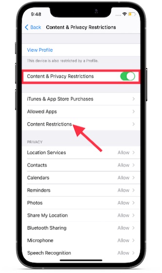 Nhấn vào Hạn chế Nội dung - Cách Chặn Trang web trong Safari trên iPhone và Mac