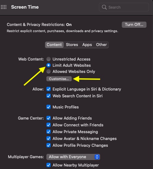 Özelleştir'i seçin - iPhone ve Mac'te Safari'de Web Siteleri Nasıl Engellenir