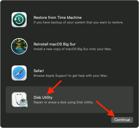 Klicka på Fortsätt - nedgradera från macOS monterey till macOS big sur