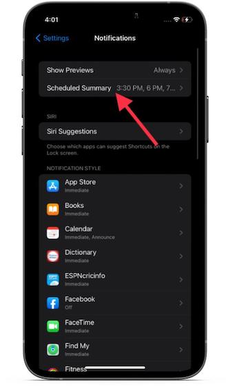 pilih Ringkasan Terjadwal - Aktifkan Ringkasan Pemberitahuan di iOS 15