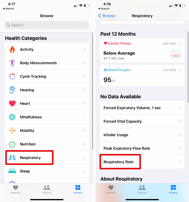 dữ liệu nhịp thở khi ngủ trong ứng dụng sức khỏe trên iPhone