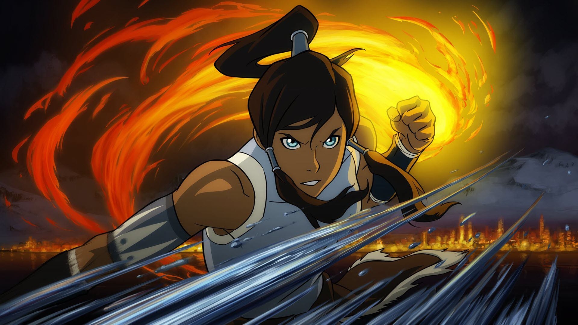Korra dalam 'The Legend of Korra" membengkokkan api dan air.