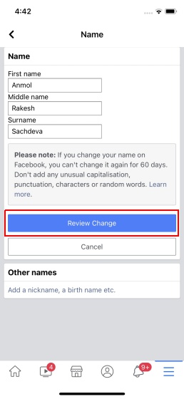 hur man byter namn på facebook - iOS