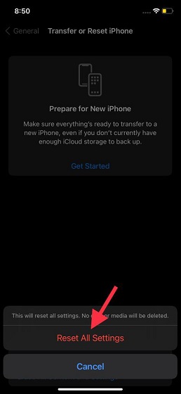 Đặt lại tất cả cài đặt - iOS 15 bị kẹt trên màn hình yêu cầu cập nhật