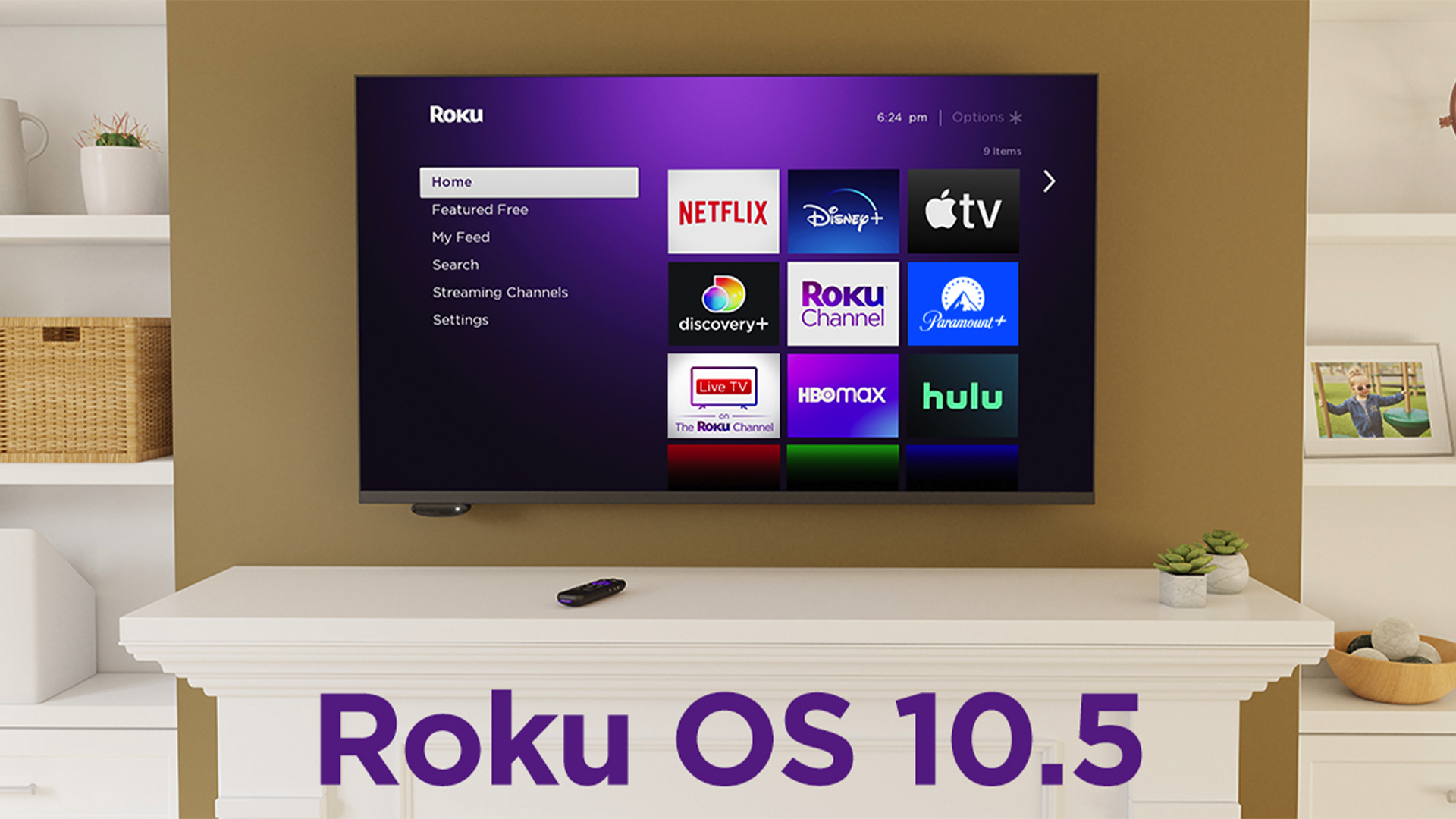 Banner för Roku OS 10.5 som visar TV med ny programvara.