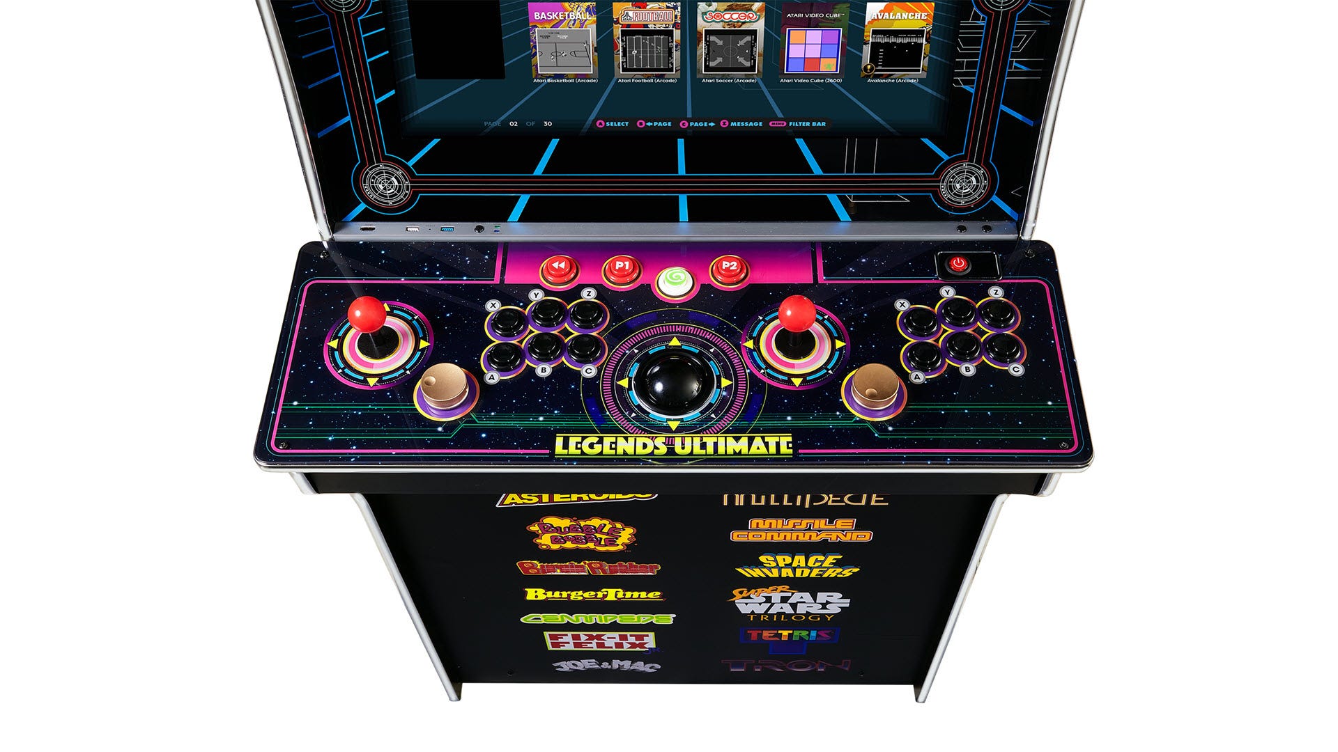 Cận cảnh sàn điều khiển Legends Ultimate, hiển thị hai cần điều khiển, sáu nút điều khiển trên mỗi thanh, nút xoay twp, bi xoay và nhiều nút khác.