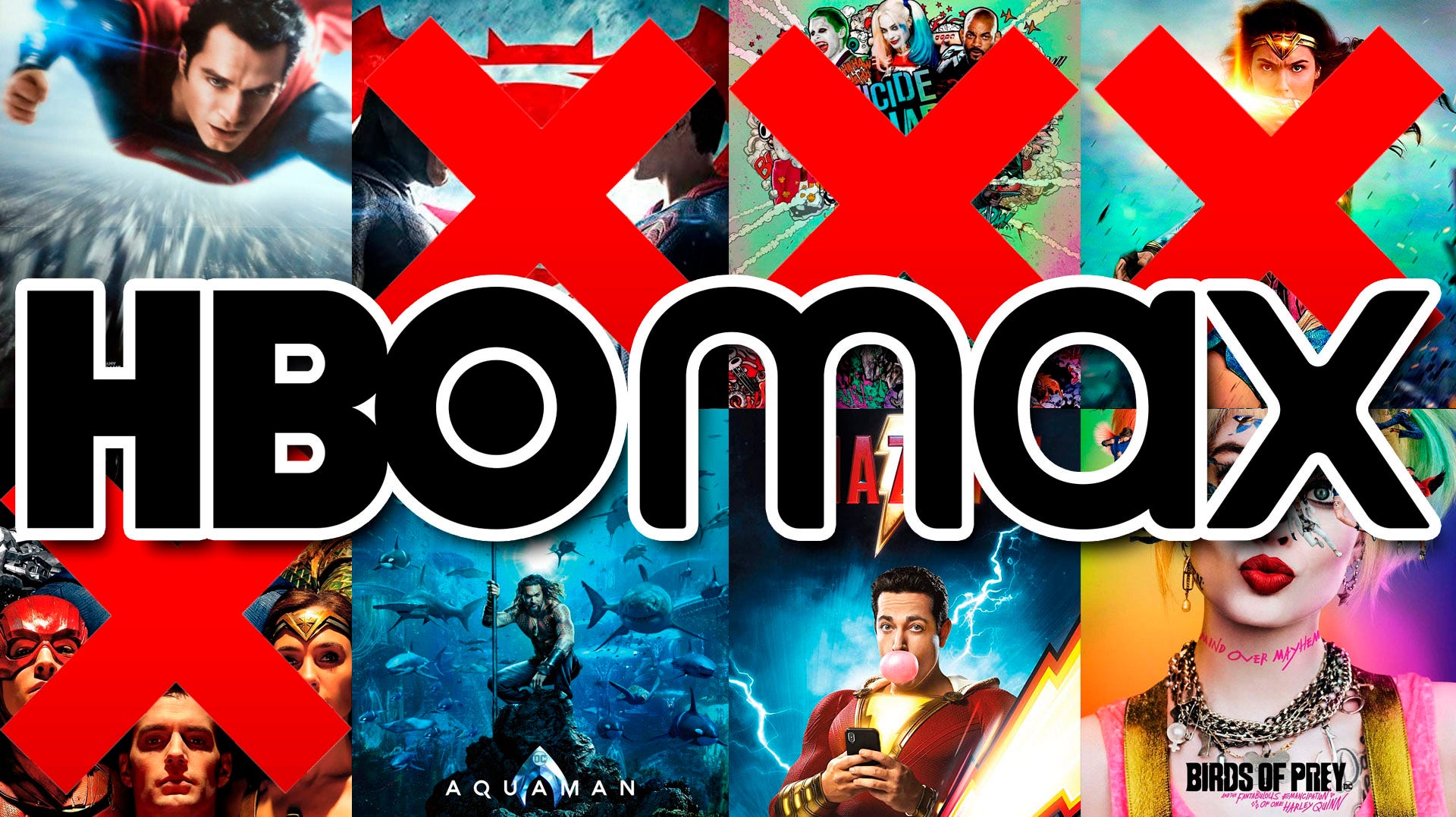 Collage av DC Comics-filmer, med HBO Max-logotypen. 