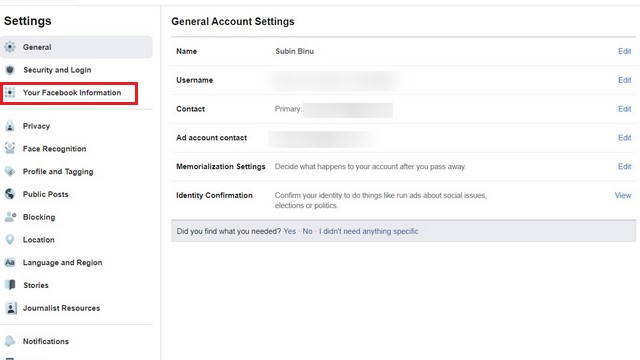chuyển sang tab thông tin facebook của bạn - một bước nữa để xóa tài khoản