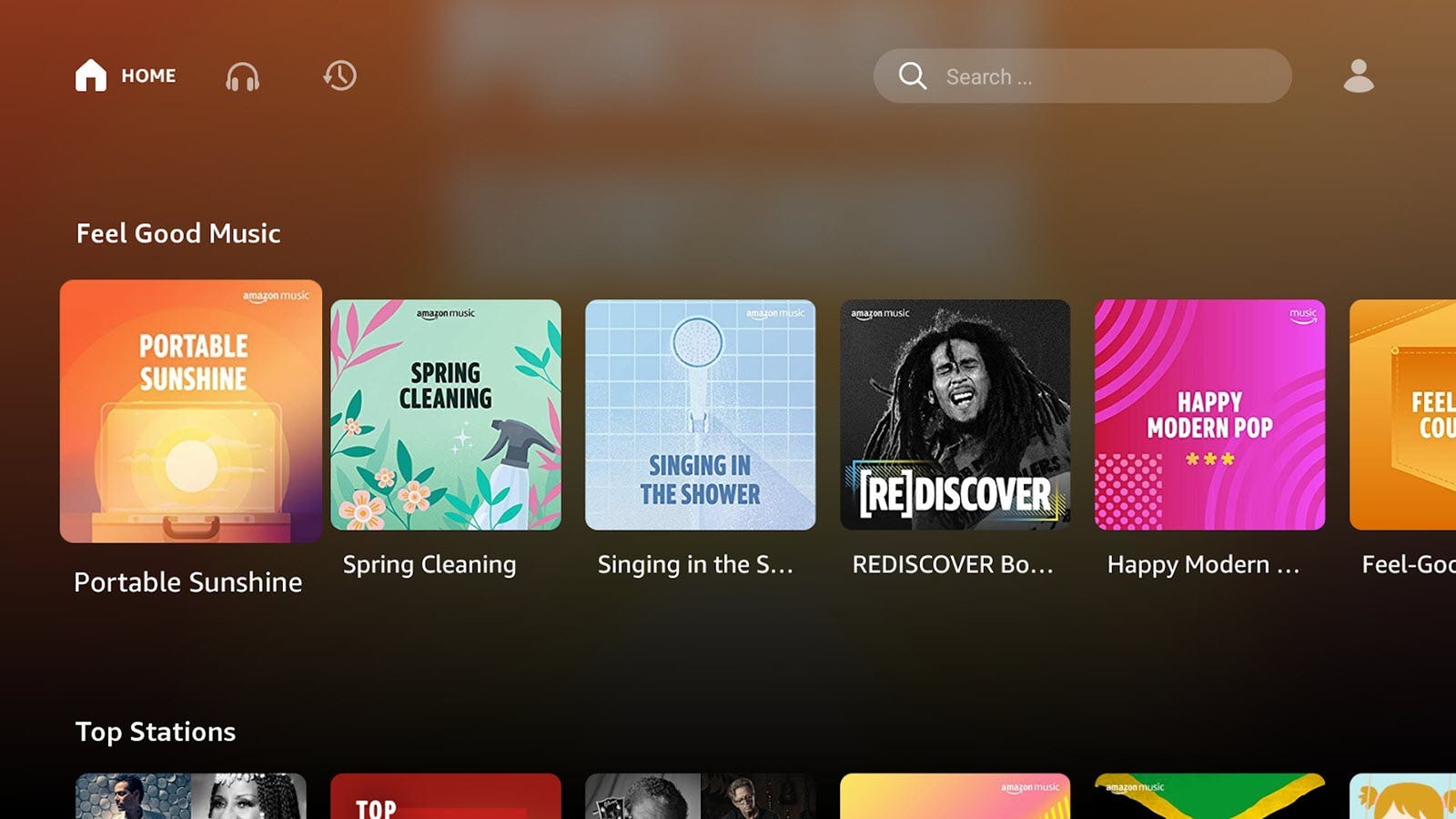 Itu Amazon Aplikasi musik Chromecast, menampilkan lagu dari berbagai artis.