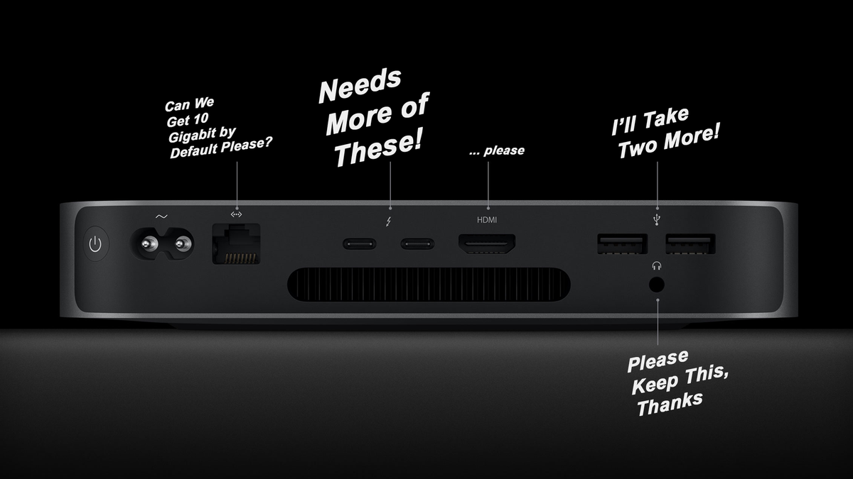 Schemat för M1 Mac Mini har ändrats för att klaga på dåligt portval.  Behöver fler Thunderbolt 3-portar, 10 Gigabit Ethernet som standard, etc