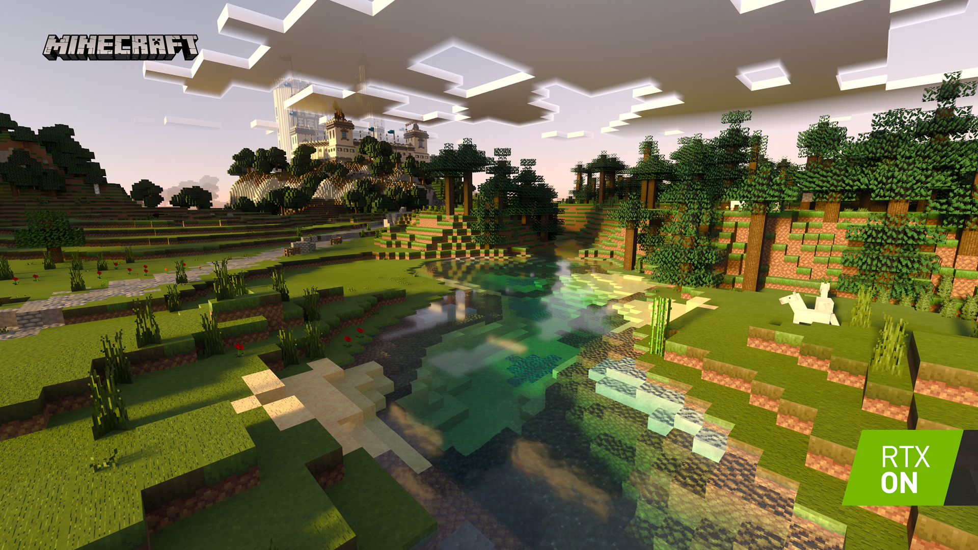 Sebuah sungai di Minecraft dengan refleksi realistis.