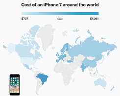 Den här kartan visar hur mycket iPhone kostar 7 Worldwide kostar
