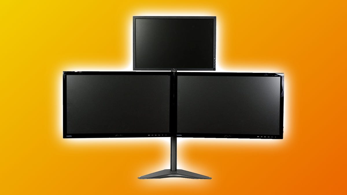VIVO tre fritt monterade skärmar på orange bakgrund