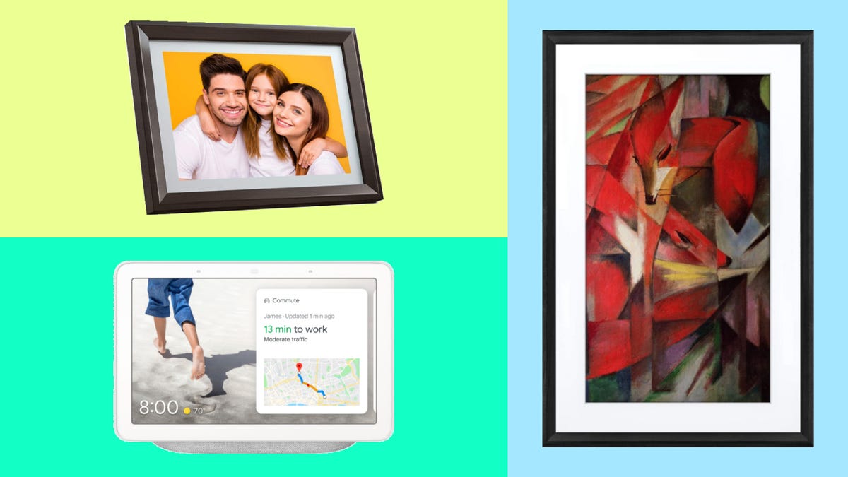 Dragon Touch digital fotoram, Google Nest Hub och Meural Canvas II i collage.