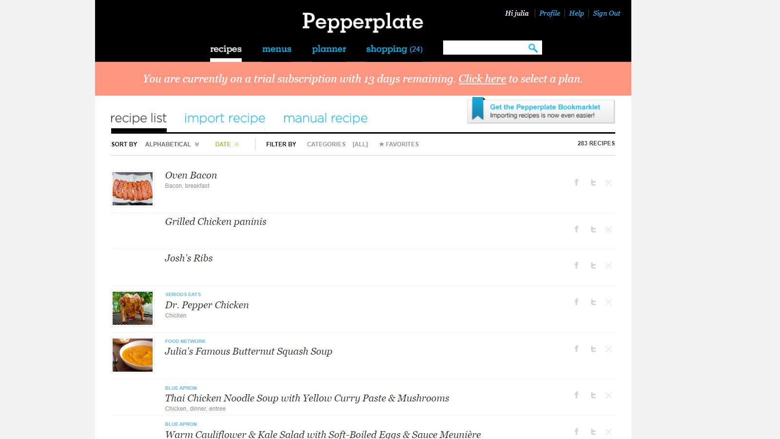 Trang web Pepperplate, hiển thị thông báo dùng thử và một số công thức nấu ăn.