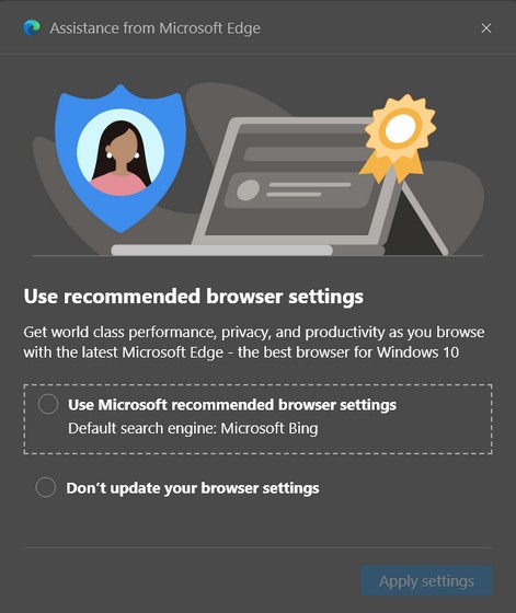 Sử dụng cửa sổ bật lên cài đặt trình duyệt được đề xuất trong Microsoft Edge