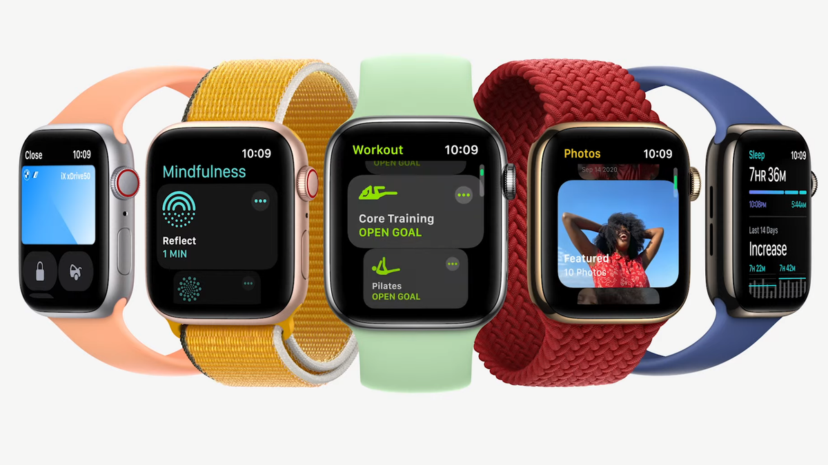 Apple Watch Series 7 i olika vinklar och färger och stilar