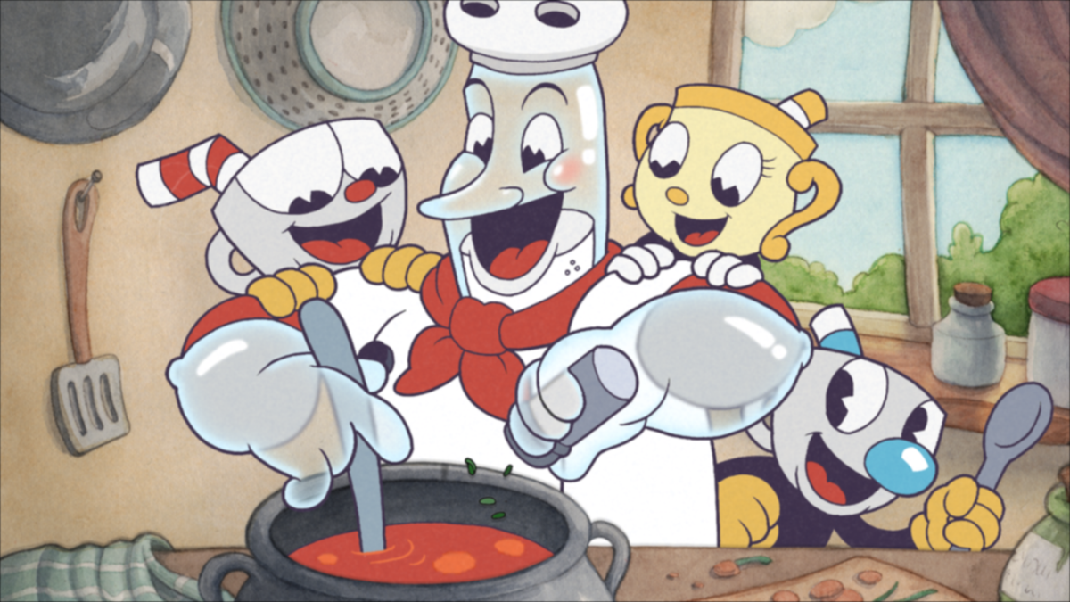 Một cảnh trong "Cuphead" với các nhân vật đang nấu một bữa ăn.